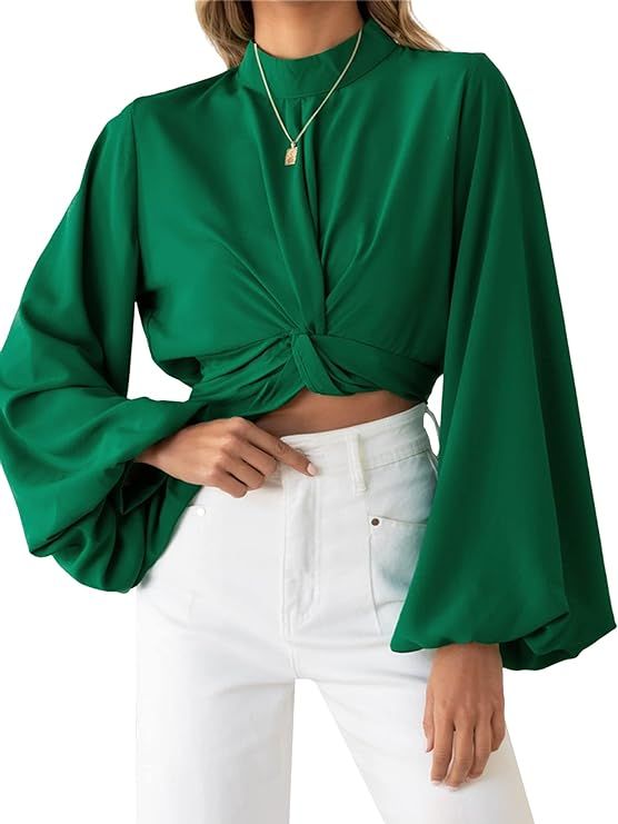LYANER Women's Elegant Mock Neck Twist Front Lantern Long Sleeve Crop Blouse Shirt Top | Amazon (US)