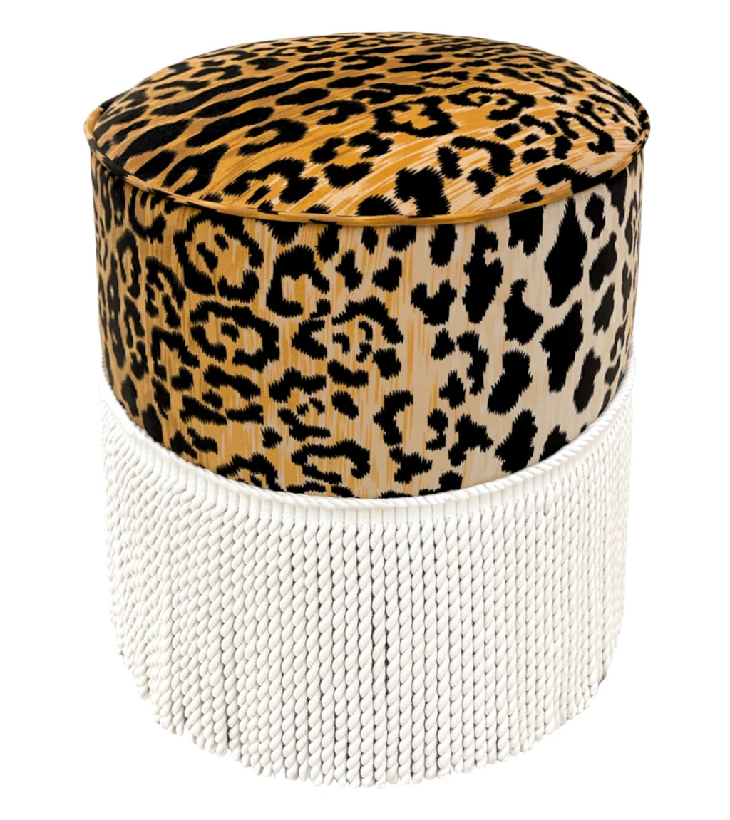 THE TIGHT ROUND OTTOMAN :: LEOPARD VELVET + BULLION FRINGE | LITTLE DESIGN COMPANY