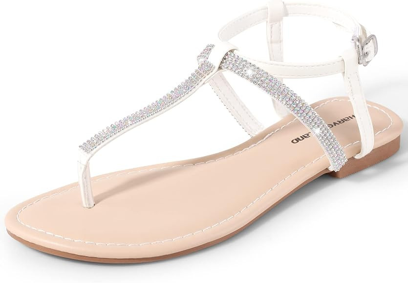 Harvest Land Women's Sandals Dressy T Strap with Rhinestone Sparkly Wedding Flat Sandals Ankle St... | Amazon (US)