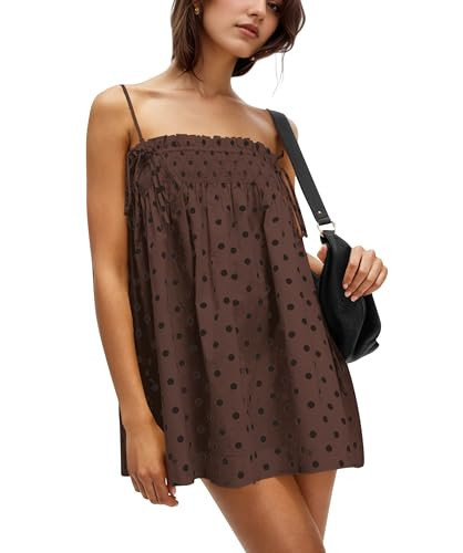 AIHUKOCY Women Polka Dot Sleeveless Square Neck Backless Spaghetti Strap Smocked Flowy Ruched Sexy Mini Cami Dress | Amazon (US)