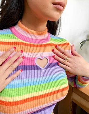 Minga London fitted ribbed long sleeve top in rainbow stripe with heart cut out | ASOS (Global)