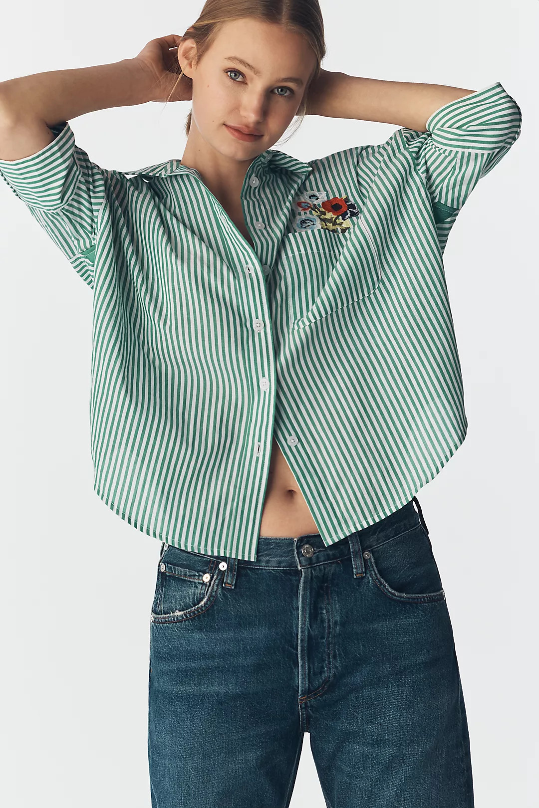 Mabel Boxy Oxford Embroidered Shirt by Maeve | Anthropologie (US)