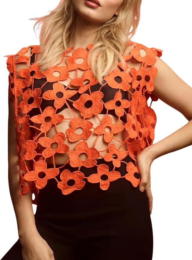 Wyeysyt Women's Hollow Out Floral Lace Vest Sleeveless Crewneck Crochet Cover Up Summer Cropped G... | Amazon (US)