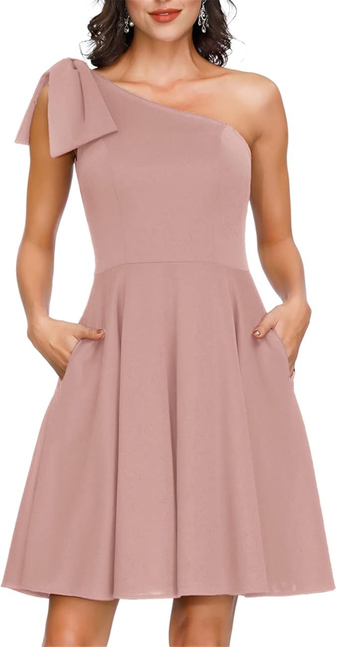 JASAMBAC Women's Bow One Shoulder Dress with Pockets A-line Cocktail Party Dress | Amazon (US)