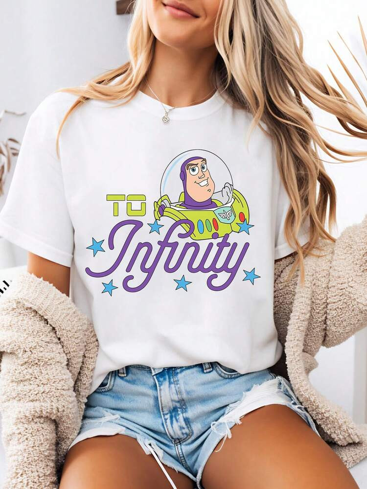 Disney-Style Women's Graphic Tee Featuring A Cartoon Print Of Buzz Lightyear's Iconic Slogan On His Spacesuit From Toy Story. This Women's Summer Clothing Item Is A Crew-Neck Tee Made From Soft, Comfortable 100% Cotton Fabric. Perfect For Everyday Wear, Outdoor Activities, Or Shopping Outings. Also Ideal As Women's Vacation Wear. | SHEIN