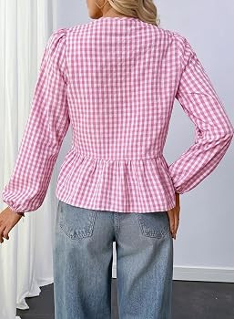 EVALESS Blouses for Women Babydoll Dressy Casual Tops Bow Tie Loose Ladies Gingham Top Long Sleev... | Amazon (US)