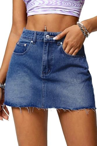 ELLEVEN Denim Skirt Women Mini Low Waist Stretchy Raw Hem Jean Skirt with Pockets | Amazon (US)