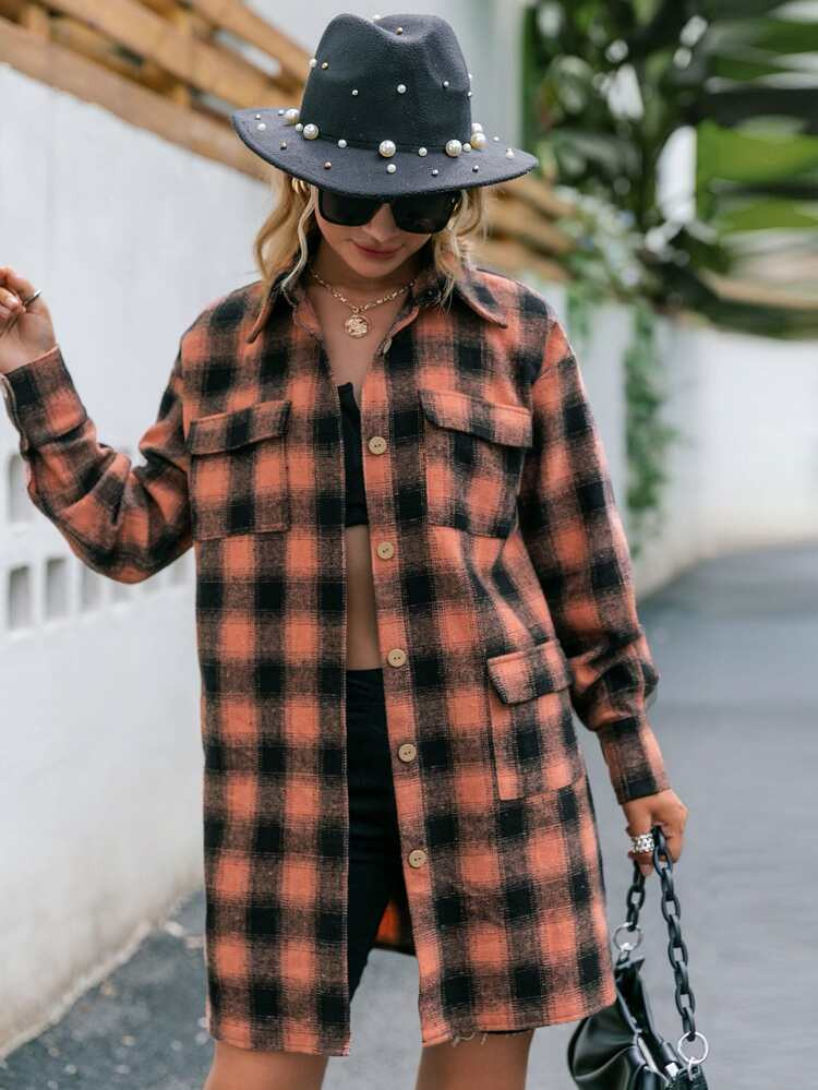 Simplee Plaid Flap Pocket Drop Shoulder Coat | SHEIN