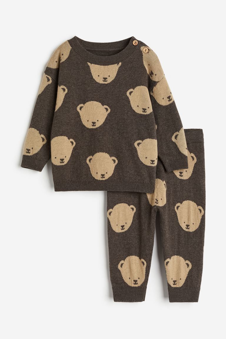 2-piece Jacquard-knit Cotton Set - Brown/bears - Kids | H&M US | H&M (US + CA)
