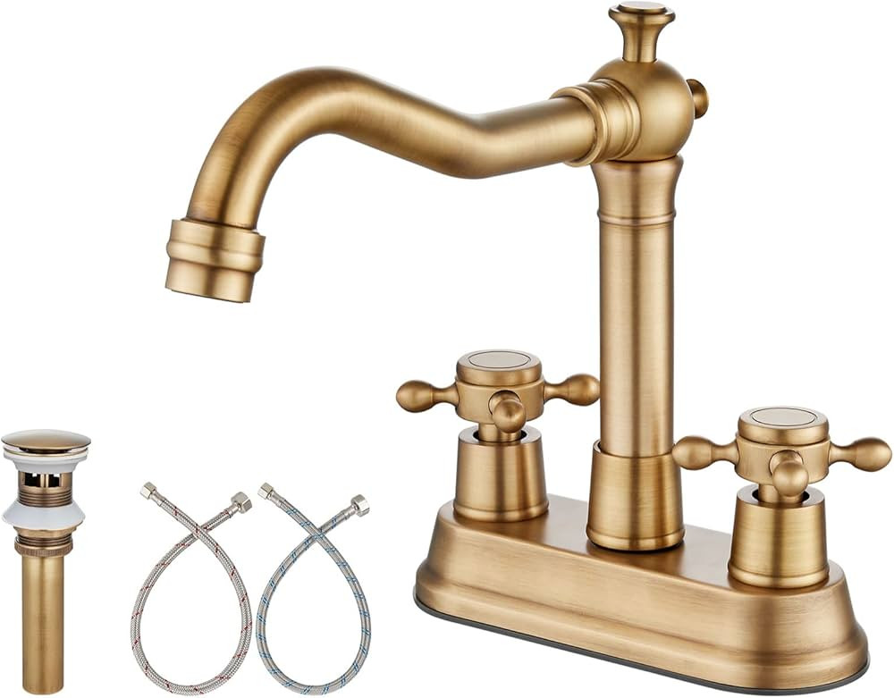 Aolemi Antique Brass 4 Inch Centerset Deck Mounted Bathroom Sink Faucet with 2 Metal Cross Handle... | Amazon (US)
