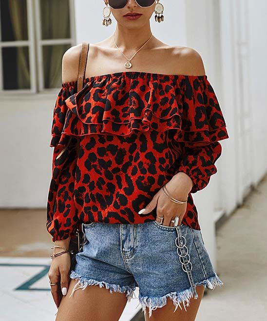 Supreme Fashion Women's Blouses RED - Red Leopard Layered Ruffle Off-Shoulder Top - Women | Zulily