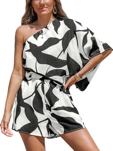 CUPSHE Women One Shoulder Romper 3/4 Sleeve Wide Leg Mini Jumpsuit Short Draped Bodice Romper Casual Summer Loose Outfit, Black White S | Amazon (US)