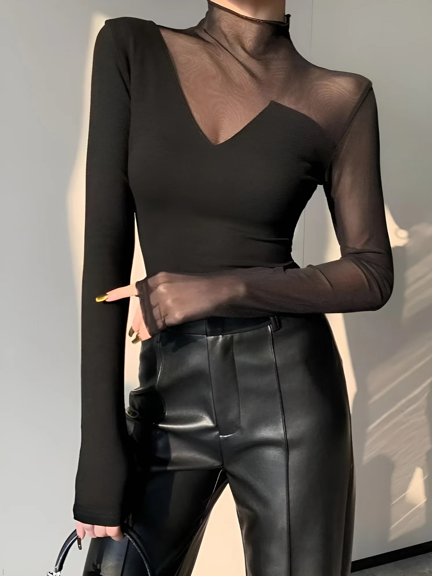 Asymmetrical Sheer Mesh Panel T-Shirt | Commense