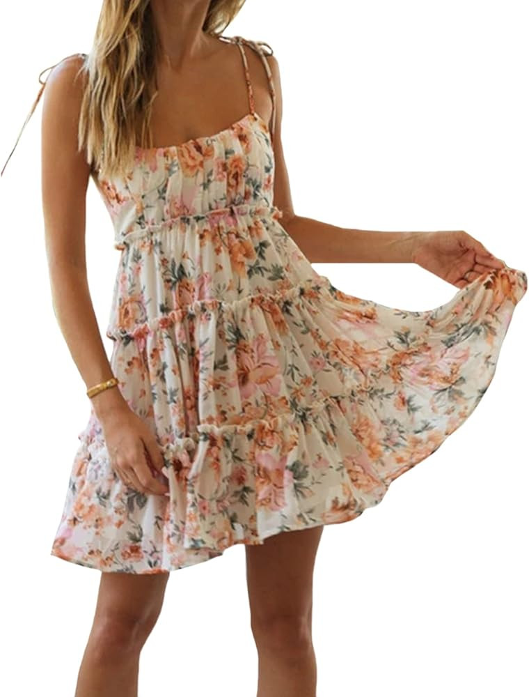Mansy Womens 2025 Summer Floral Mini Dress Boho Flowy Skater Dresses Short Sleeveless Ruffle Spag... | Amazon (US)