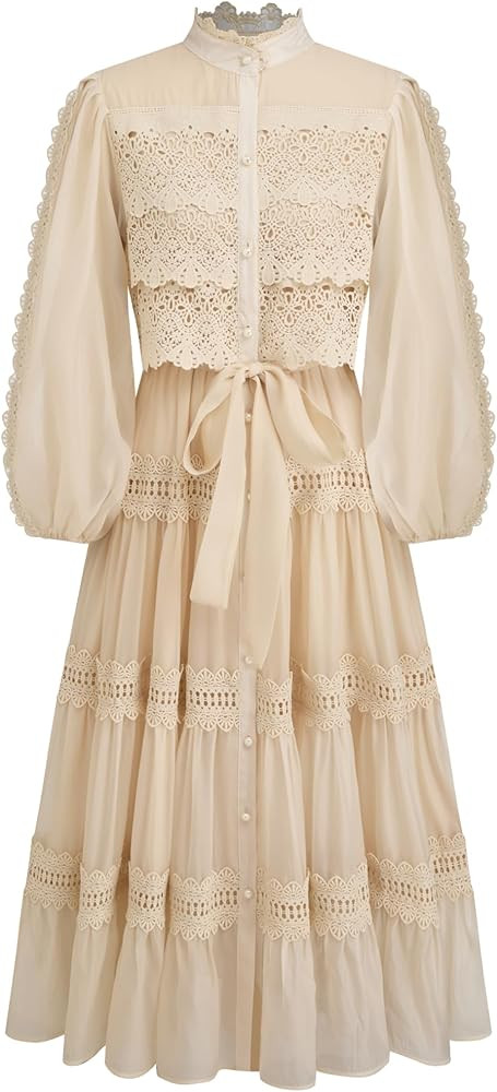 CIDER Maxi Dress Button Solid Turtle Neck Guipure Chiffon Long Sleeve Pearl Middle Waist Elegant ... | Amazon (US)