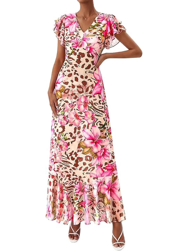 PRETTYGARDEN Womens Summer Floral Maxi Dresses Spring Short Sleeve Ruffle V Neck Flowy Boho Long ... | Walmart (US)