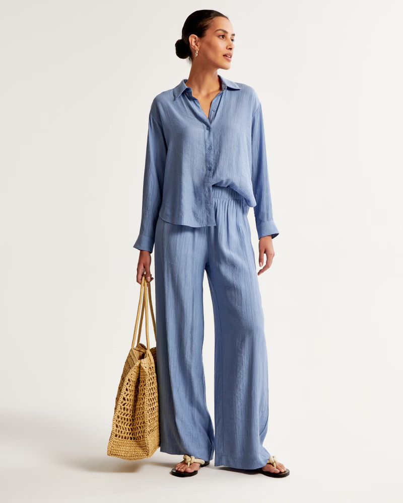 Crinkle Textured Pull-On Wide Leg Pant | Abercrombie & Fitch (US)