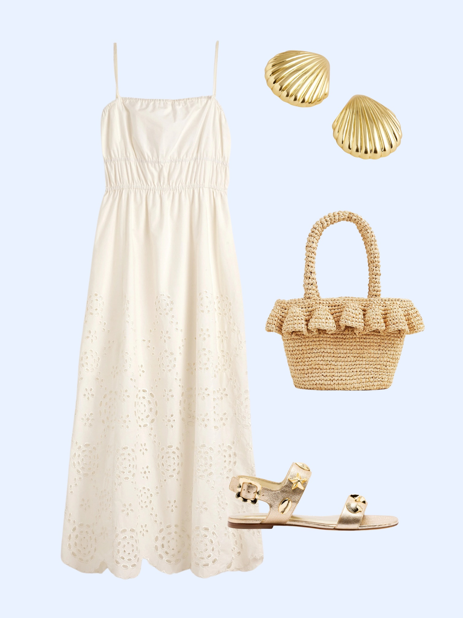 Beautiful eyelet midi dress, shell earrings, ruffle raffia bag, gold shell sandals

Vacation outfit 

#LTKStyleTip #LTKSaleAlert #LTKxMadewell
