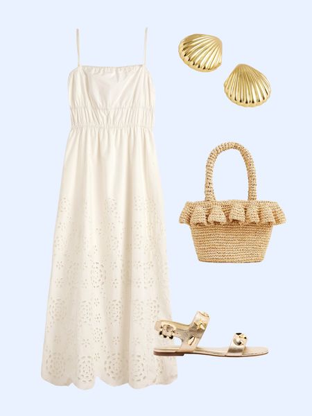 Beautiful eyelet midi dress, shell earrings, ruffle raffia bag, gold shell sandals

Vacation outfit 

#LTKStyleTip #LTKSaleAlert #LTKxMadewell