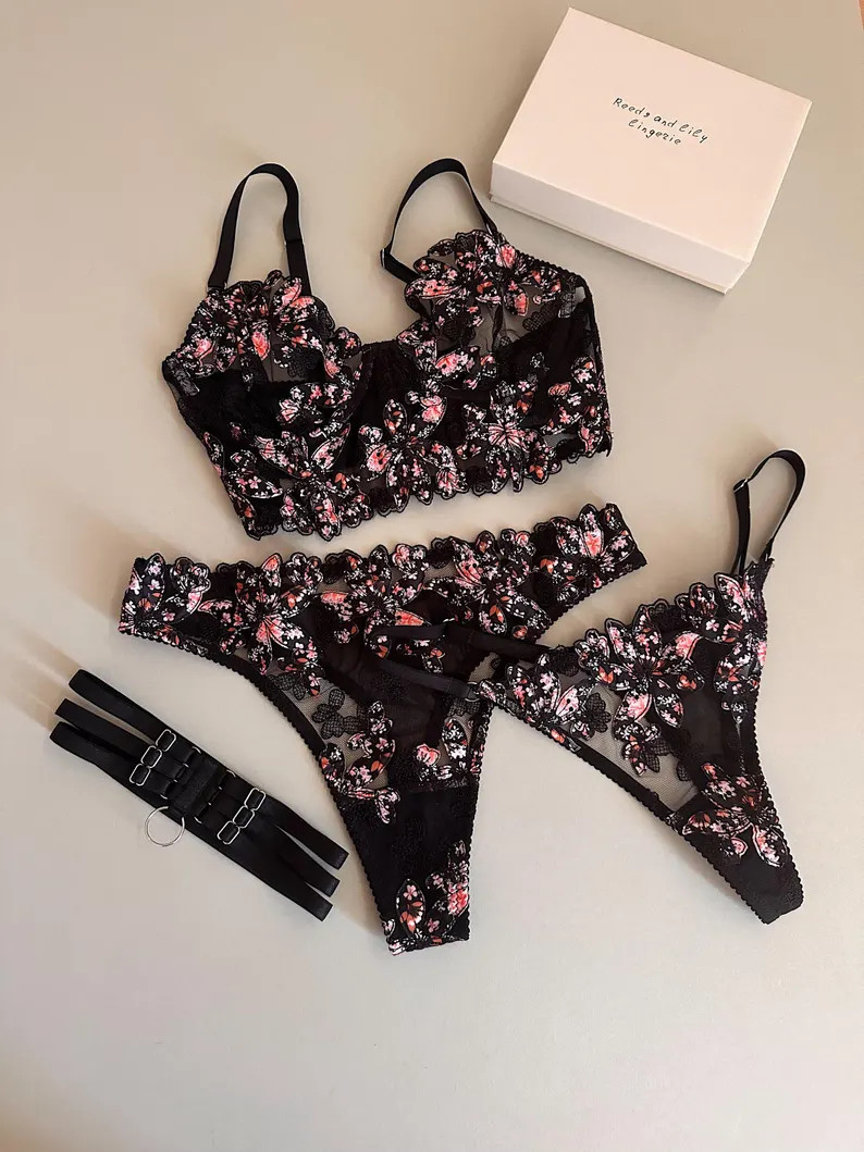 Black Bustier Lingerie, Lace Lingerie Set, Seductive Gift for Her, Sensual Panty Thong and Bustie... | Etsy (US)