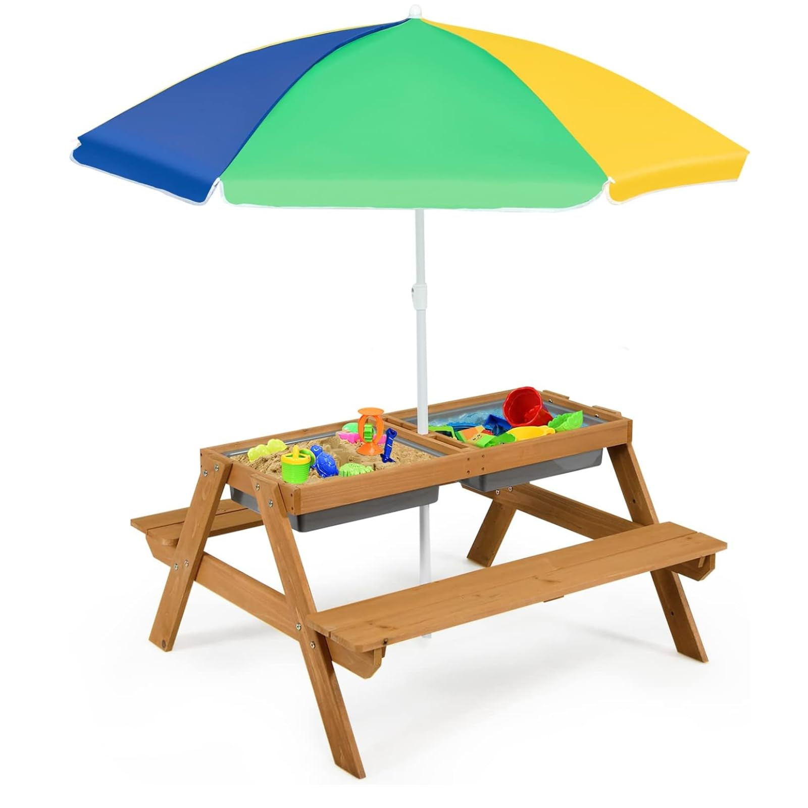 HONEY JOY Kids Picnic Table, 4 in 1 Cedar Wooden Sand & Water Table w/ 2 Removable Box & Umbrella... | Amazon (US)