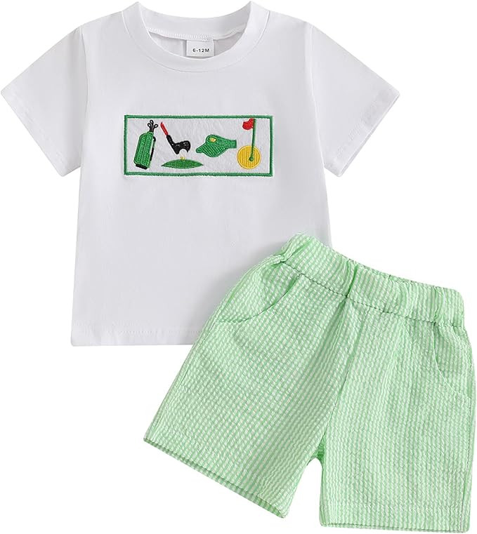 Toddler Baby Boy Clothes Summer Outfits Embroidery Smocked Short Sleeve Shirt T-Shirt + Gingham S... | Amazon (US)