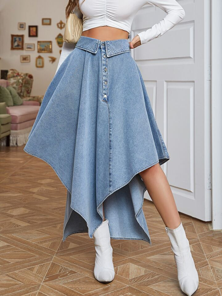 SHEIN Unity Flipped Waist Button Front Asymmetrical Hem Denim Skirt | SHEIN