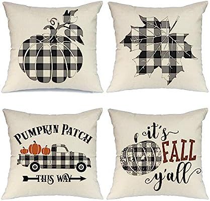 AENEY Fall Pillow Covers 18x18 inch Set of 4 Buffalo Check Plaid Pumpkin Throw Pillows for Fall T... | Amazon (US)