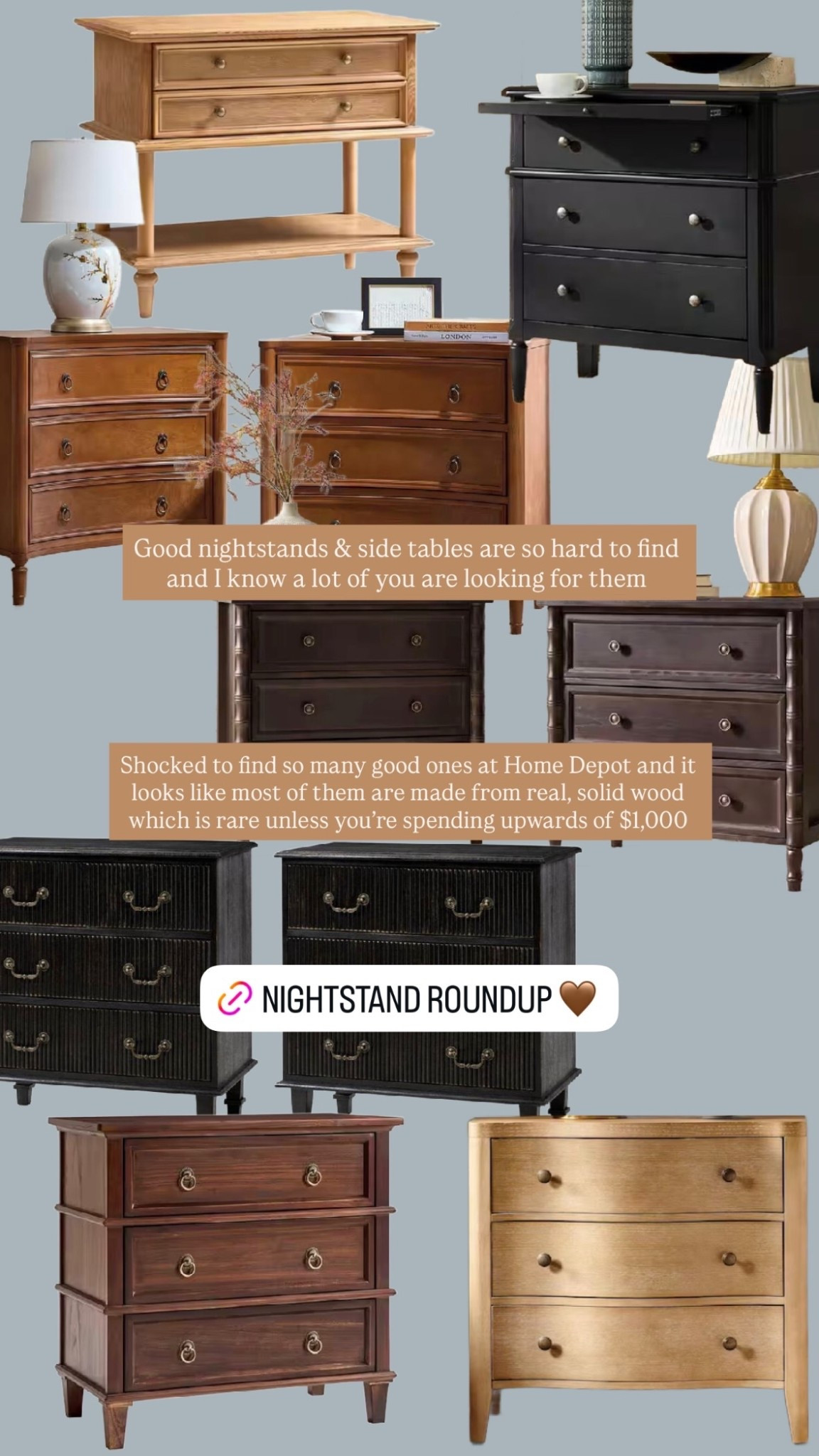 Good nightstands & side tables are so hard to find and I know a lot of you are looking for them Shocked to find so many good ones at Home Depot and it looks like most of them are made from real, solid wood which is rare unless you’re spending upwards of $1,000