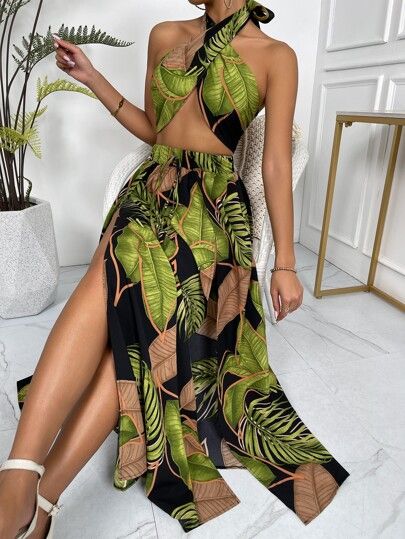 Cross Halter Top and Tropical Print Skirt Set | SHEIN