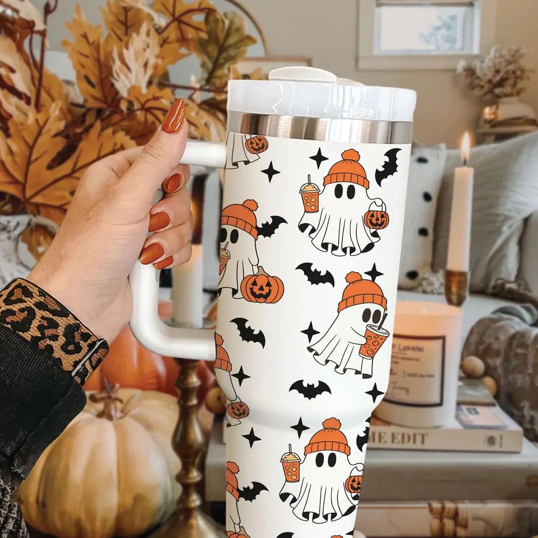 Halloween Cute Ghost Drinking 30oz/40oz Tumbler, Spooky Iced Coffee Stainless Steel Cup, Hallowee... | Etsy (US)