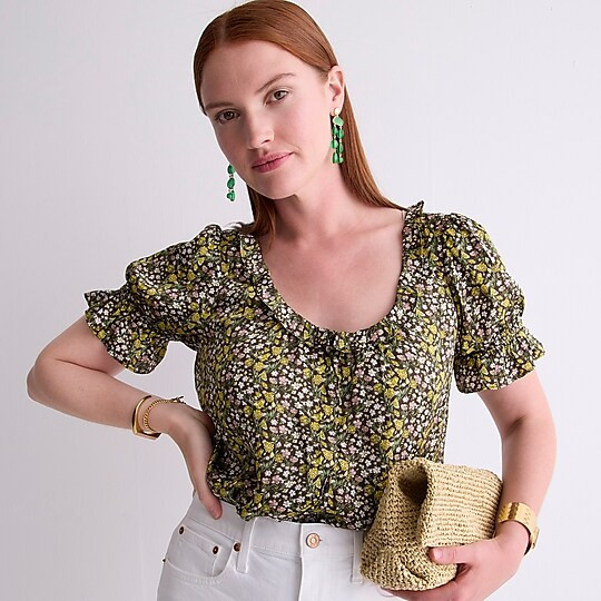 Ruffle featherweight satin scoopneck top in floral stripe | J. Crew US
