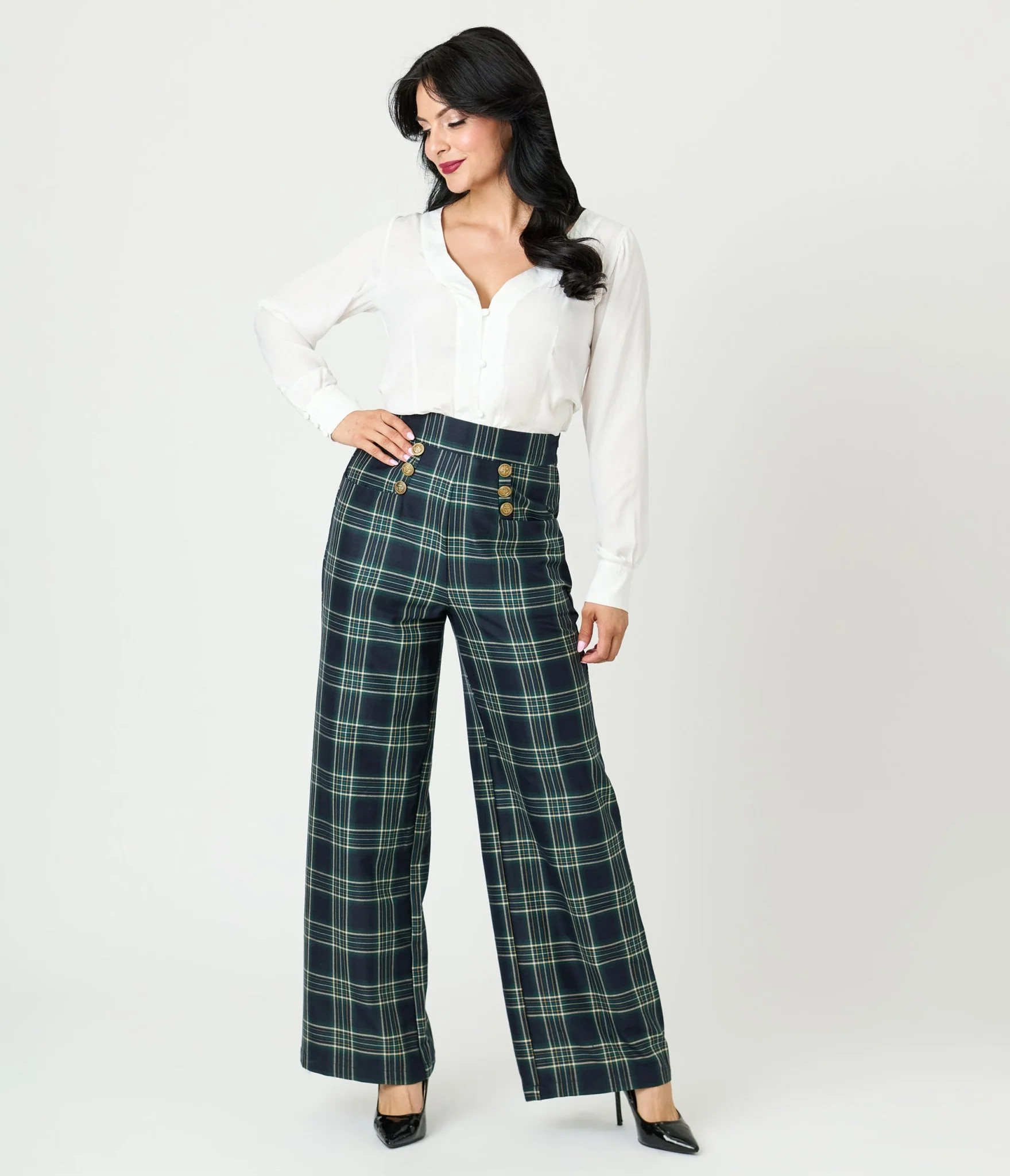 Unique Vintage Green Plaid High Waist Sailor Ginger Pants | Unique Vintage - North America