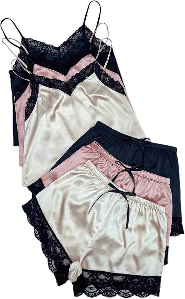 Milumia Women's 3 Sets Sleepwear Satin Pajama Set Lace Trim Cami Top and Shorts Loungewear | Amazon (US)