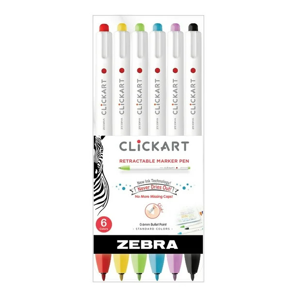 Zebra Pen ClickArt Retractable Marker Pens Set, 0.6mm, 6 Count, Multi-Colors | Walmart (US)