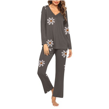 QUNYINEY Soft Ladies Pajamas Sets 2 Piece Floral Gray Long Sleeve Sleepwear and Long Pants V Neck Pjs Sets for Women | Walmart (US)