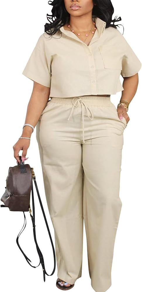 ThusFar Women Linen 2 Piece Outfits Short Sleeve Button Down Crop Top Drawstring Long Pants Suit ... | Amazon (US)