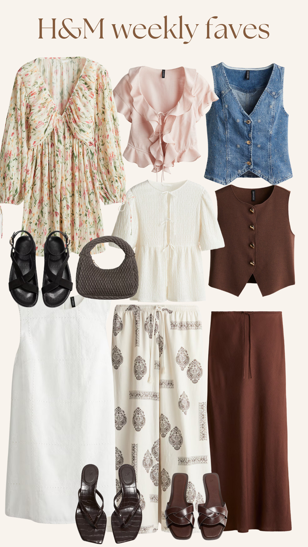 H&M Favourites, Flounced Blouse, Maxi Skirt, Embroidered Denim Waistcoat, Braided Sandals, Floral Dress, Crossbody Bag, Cropped Jersey Waistcoat, Sandals 

 #LTKuk #LTKspring #LTKeurope