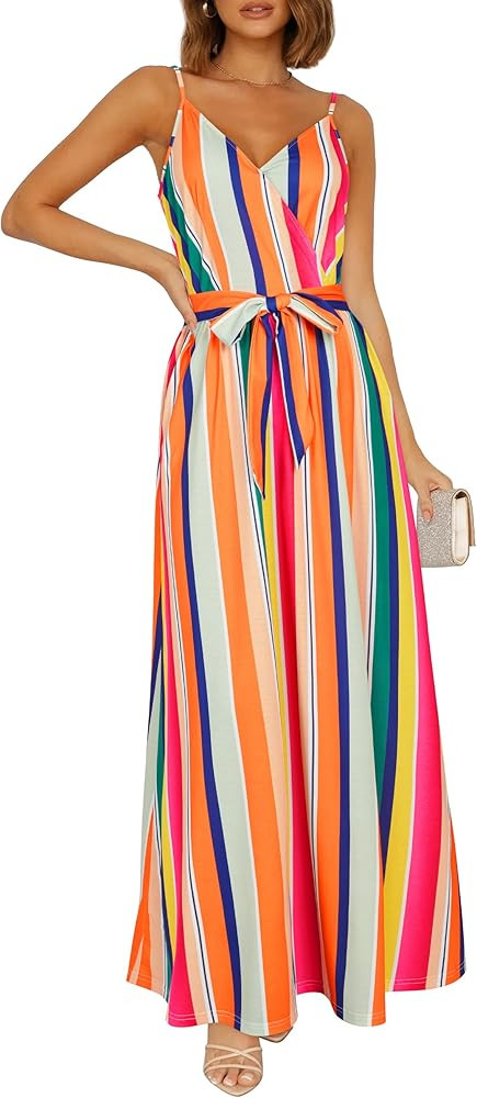 OUGES Womens Summer Maxi Dress V Neck Floral Adjustable Spaghetti Strap Beach Dresses with Pocket... | Amazon (US)