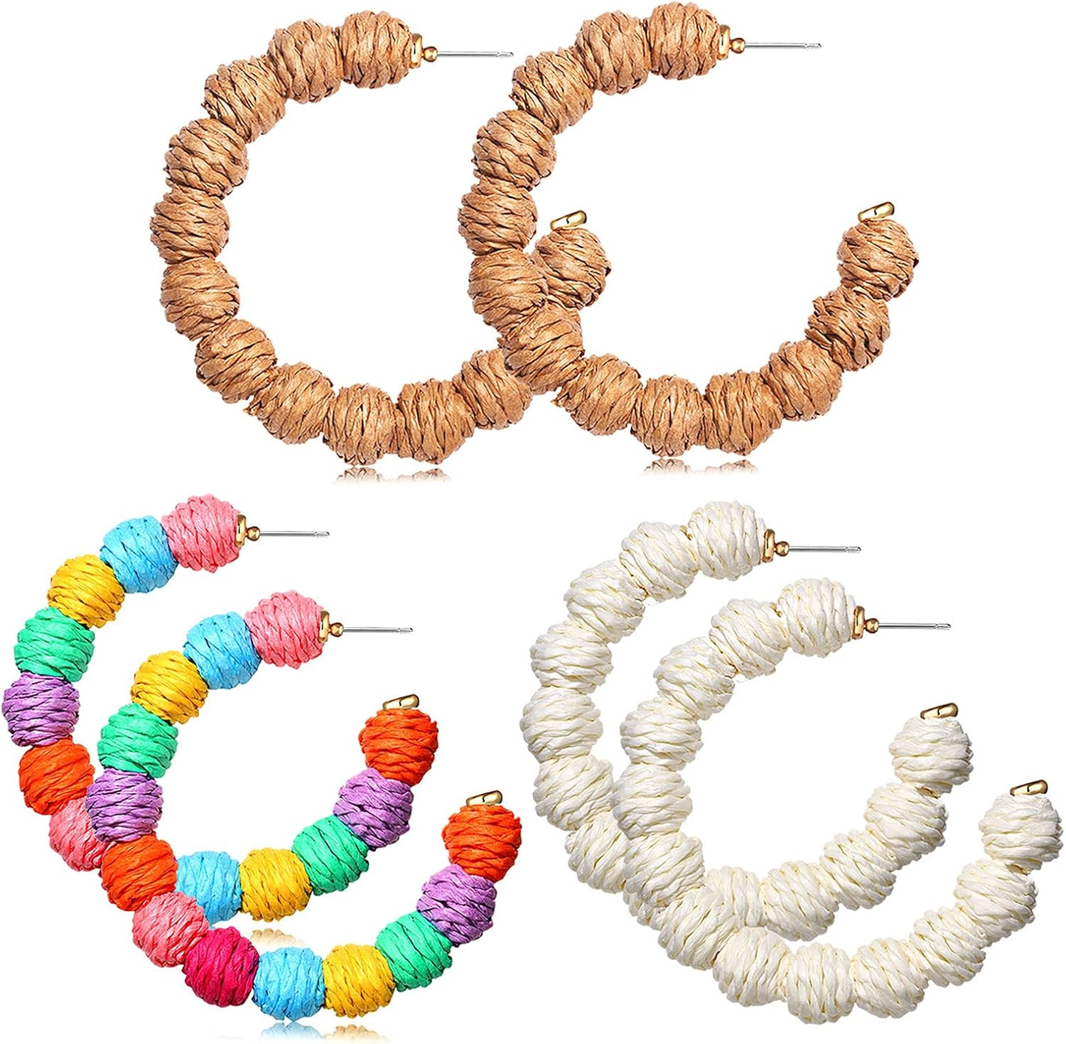 4 Pairs Raffia Earrings Boho Rattan Hoop Dangle Earrings for Women Handmade Straw Wicker Woven Ea... | Amazon (US)