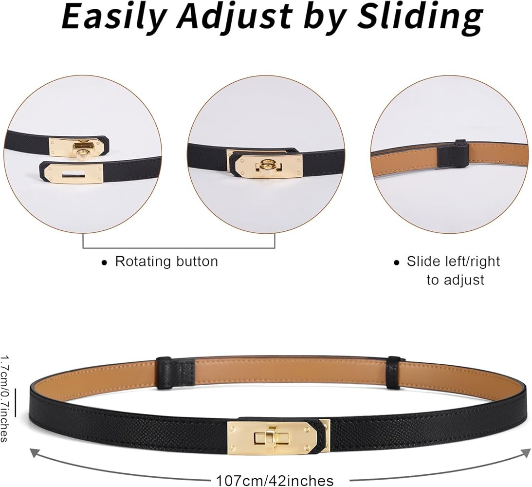 Women’s Skinny Leather Belt with Gold or Silver Turn-Lock Buckle – Adjustable Thin Belt for D... | Amazon (US)