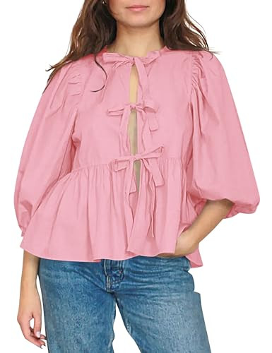 AKLOPVII Women Tie Front Tops Crewneck Puff Sleeve Cut Out Shirts Y2K Sexy Peplum Going Out Top Blouse Trendy Clothes Pink | Amazon (US)