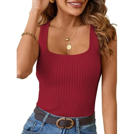 SHIBEVER Sleeveless Tops for Women Ribbed Tank Summer Square Neck Fashion Knit Shirts Casual Basic Tanks Solid Color Red Tunic Plus Size XXL | Walmart (US)