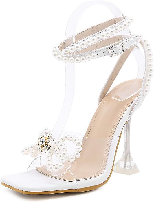 YIYA Women's Clear Dressy Sandals Strappy Pearl Ankle Strap High Heels Clear Perspex Heel Square ... | Amazon (US)