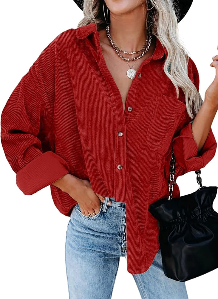 Dokotoo Womens Corduroy Button Down Shirts Boyfriend Long Sleeve Oversized Blouses Tops | Amazon (US)