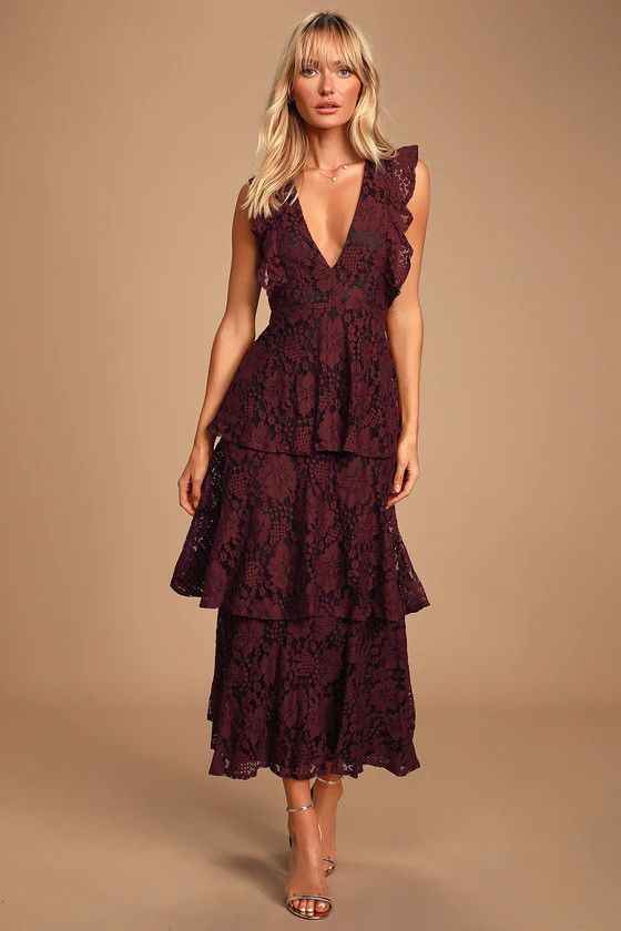 Molinetto Burgundy Lace Ruffled Tiered Sleeveless Maxi Dress Holiday Wedding Guest Dress  | Lulus (US)