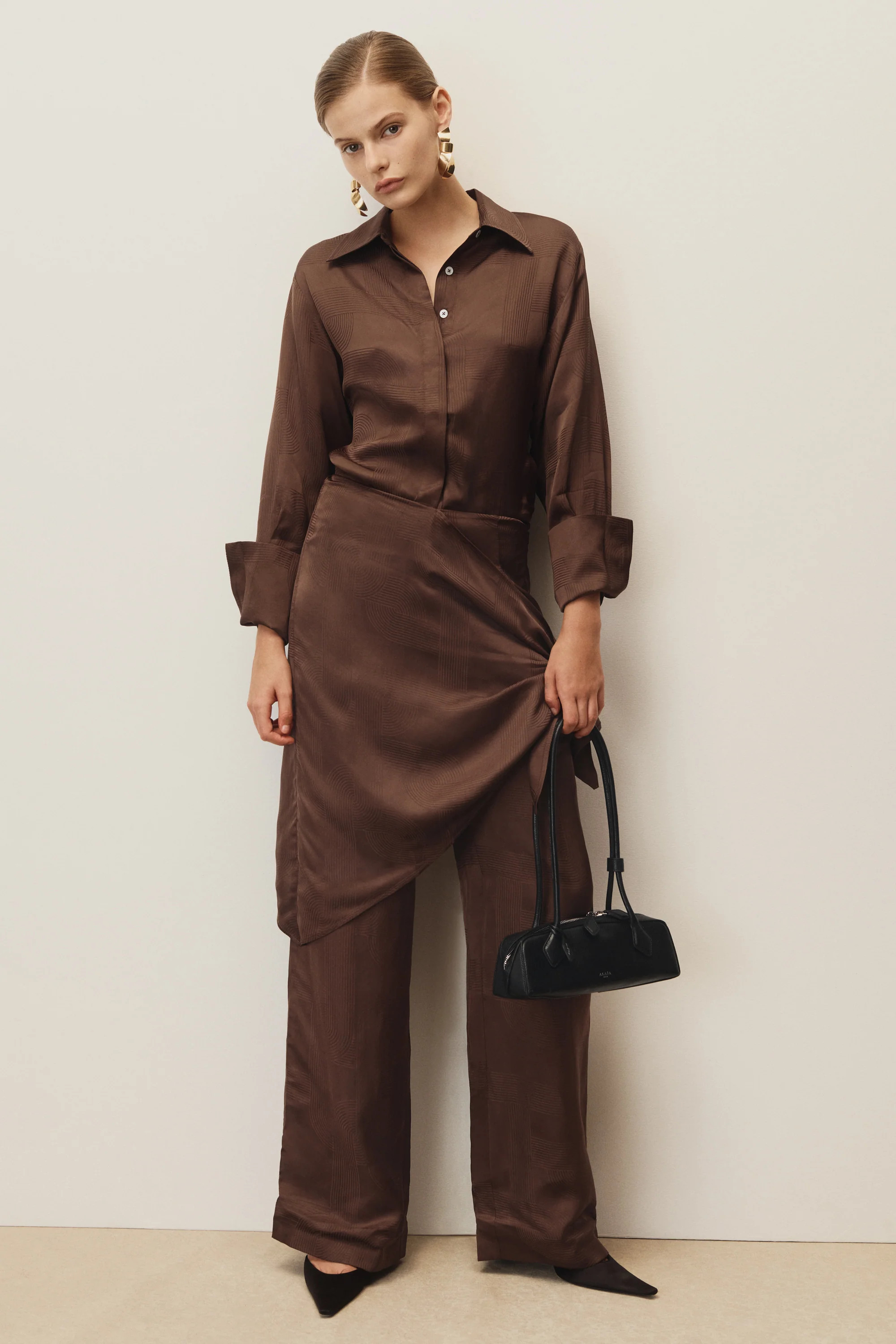 Gia Long Sleeve Satin Shirt - Chocolate | Meshki (APAC)