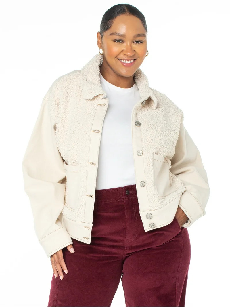 Celebrity Pink Women's and Women's Plus Faux Shearling Denim Jacket, Sizes XS-4X | Walmart (US)