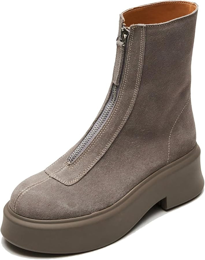 ZJGZF Women's Platform Ankle Boots Leather Boot Chelsea Booties Block Heel Round Toe Short Combat... | Amazon (US)