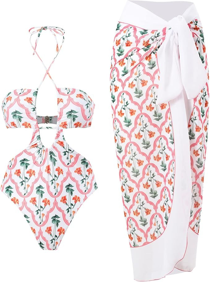 ABEWIP One Piece Swimsuit Women with Cover Up Floral Print Swimwear Set Vacation Outfits Bathing ... | Amazon (US)